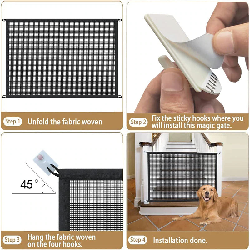 "Foldable Mesh Pet Safety Gate with Hooks - Keep Your Dog Secure and Happy!"