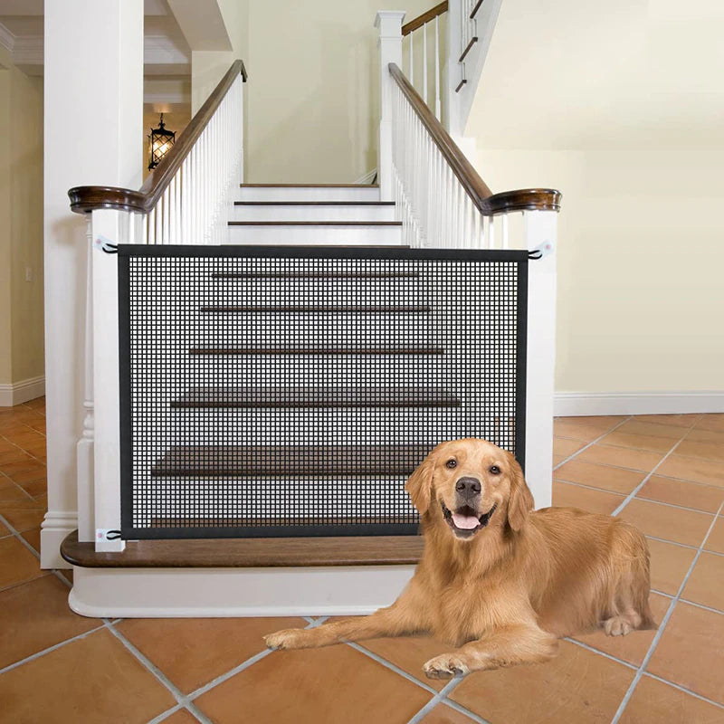 "Foldable Mesh Pet Safety Gate with Hooks - Keep Your Dog Secure and Happy!"